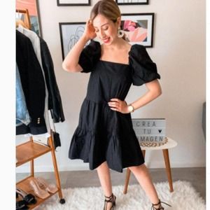 H&M Blogger Black Puff -Sleeve Square Neck Dress
